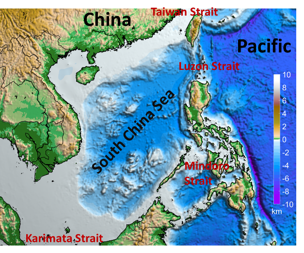 Geographical location and bathymetry of the South China Sea