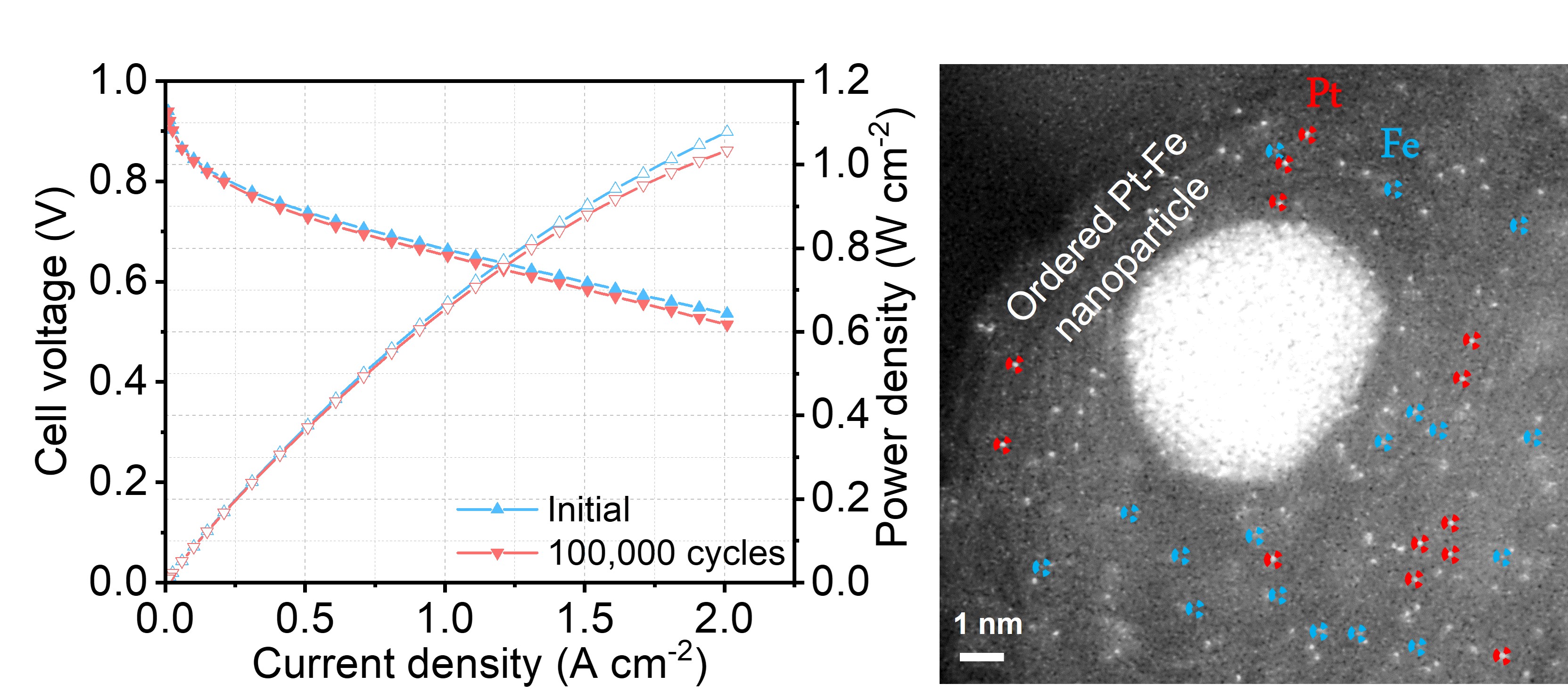 (Left) The new hybrid catalyst maintains the platinum catalytic activity at 97% after 100,000 cycles of accelerated stress test, (Right) The new electrocatalyst contains atomically dispersed platinum, iron single atoms and platinum-iron nanoparticles.