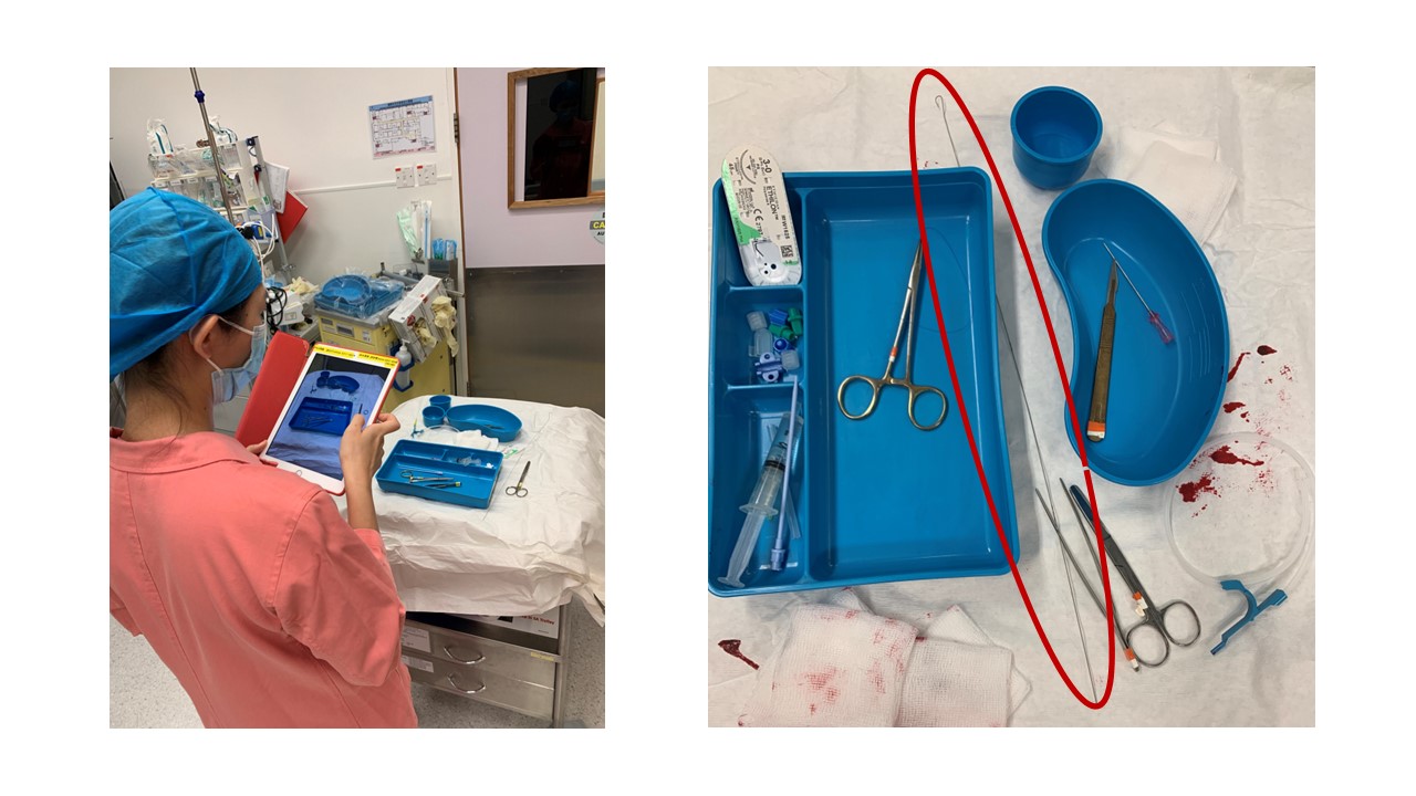 (Left) The new technology helps the medical staff identify the guidewires by simply taking a photo of all the medical instruments with a smart phone or tablet.  (Right) The AI image-based system then could accurately detect guidewires (as indicated by the circle) from other medical instruments using object recognition and data augmentation techniques.