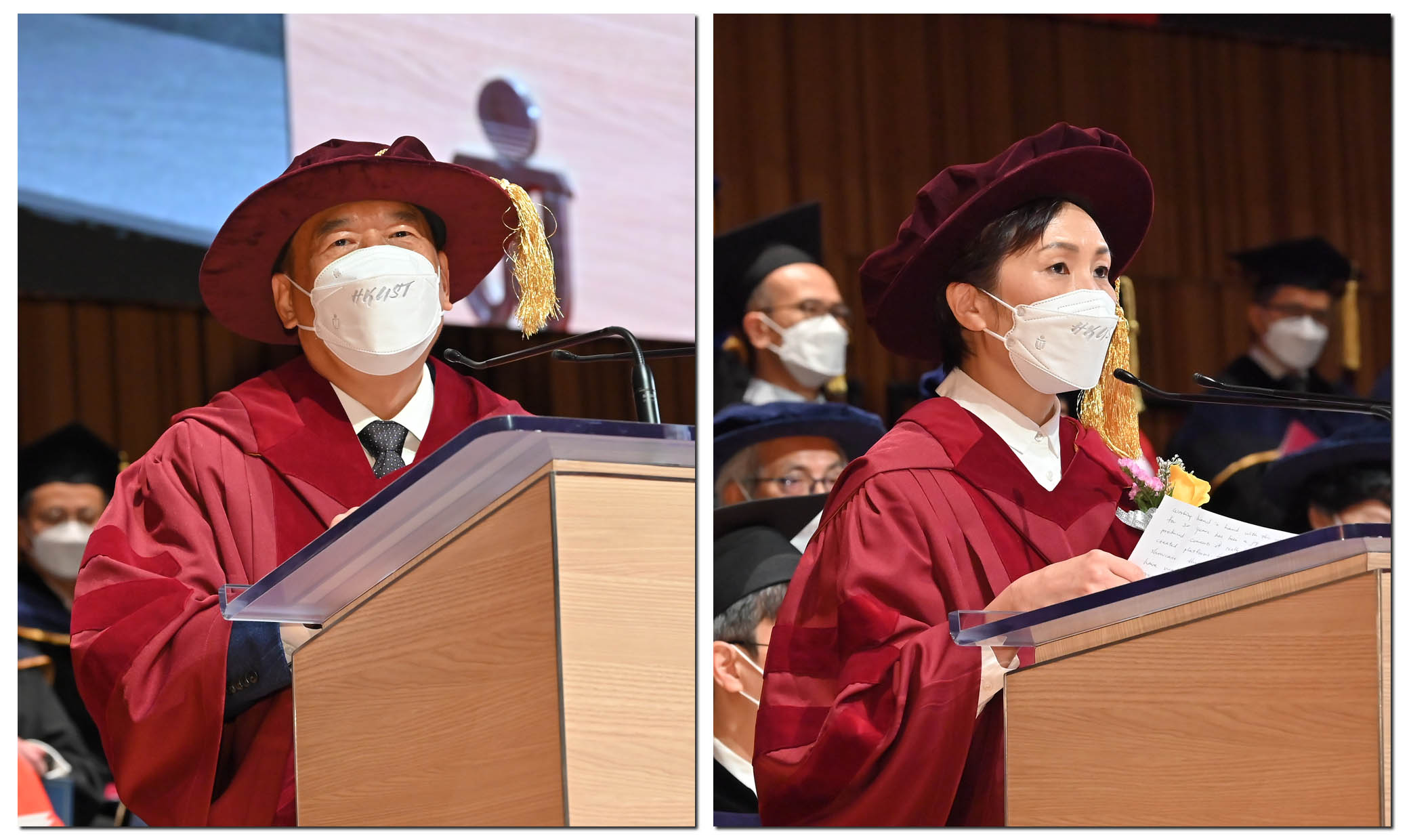 (From left) The two Honorary Doctorate recipients Dr. WANG Xiaodong and Ms. YIP Wing-Sie address the ceremony