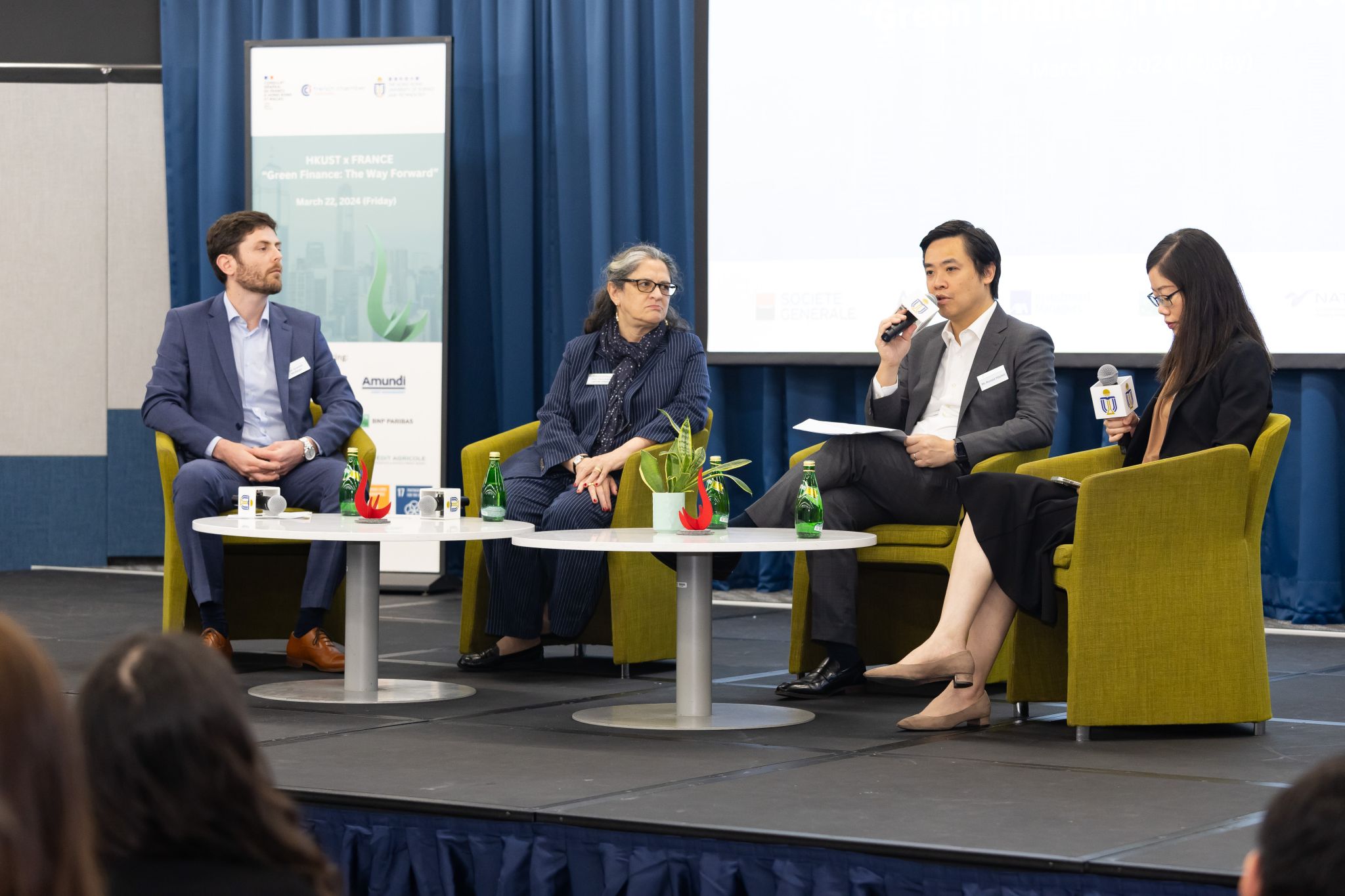 Expert panel featuring Prof. Véronique LAFON-VINAIS (second left), Program Co-Director of BSc in Sustainable and Green Finance at HKUST Business School, Mr. Ronald YOUNG (second right), Head of Sustainable Finance Asia at Société Générale, Ms. Kristy WONG (first right), Associate Director of ESG Investment Specialist at Amundi Asset Management and Prof. Quentin MOREAU(first left), Assistant Professor of the Division of Environment and Sustainability at HKUST.