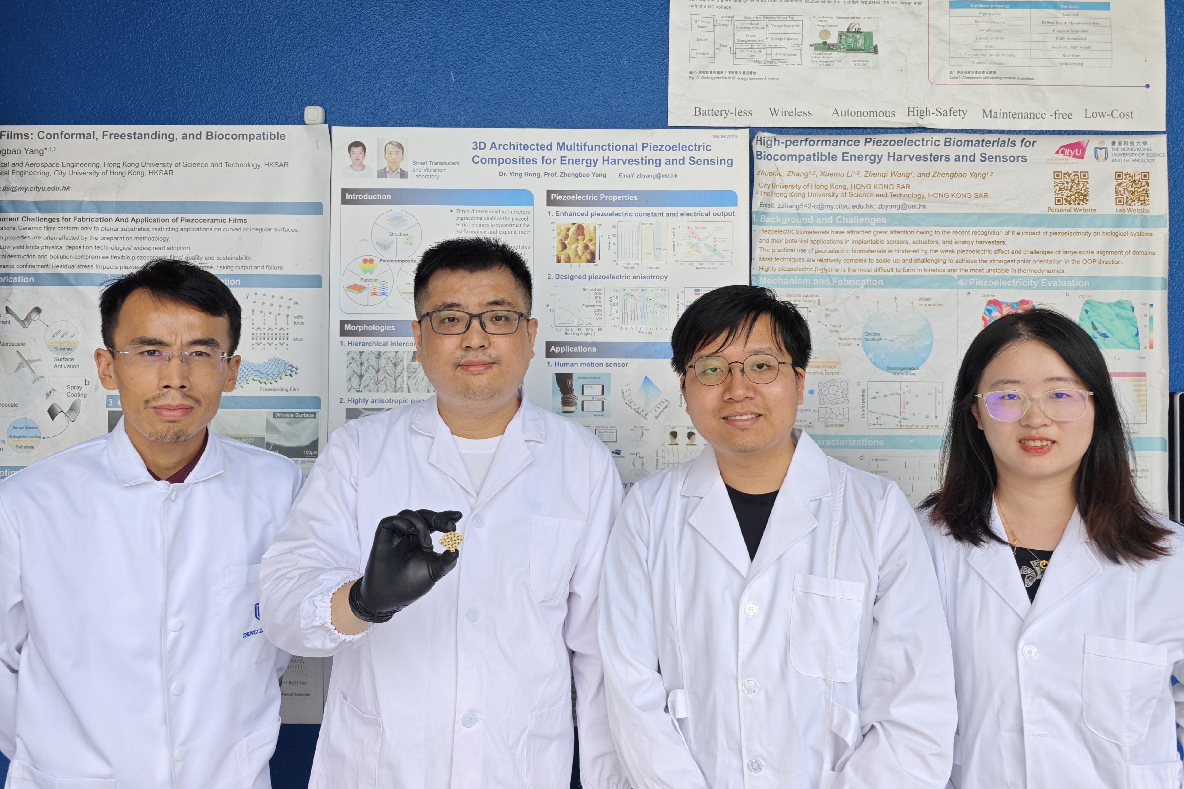 (From left) Prof. YANG Zhengbao, Associate Professor of Mechanical and Aerospace Engineering at HKUST, with his research team members Dr. HONG Ying, Dr. LIU Shiyuan, and YANG Xiaodan 