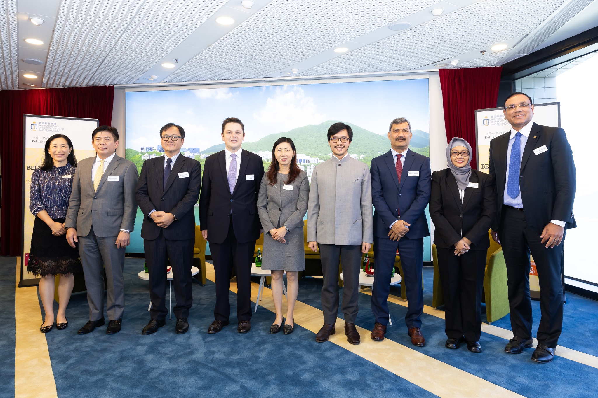 Group photo (from left) Ms. Yvonne LI, Head of Global Engagement and Greater China Affairs, Mr. Chaturont CHAIYAKAM, Consul General of Thailand; Mr. Muzambli MARKAM, Consul General of Malaysia; Mr. Kerim EVCIN, Consul General of Turkiye; Ms. Daisy CHAN, Associate Vice-President (Global Engagement & Communications); Nicholas HO, Belt and Road Commissioner of the HKSAR Government, Mr. Riaz SHAIKH, Consul General of Pakistan, Mrs. Endah YULIARTI, Consul for Information and Socio-Cultural Affairs of Indonesia a