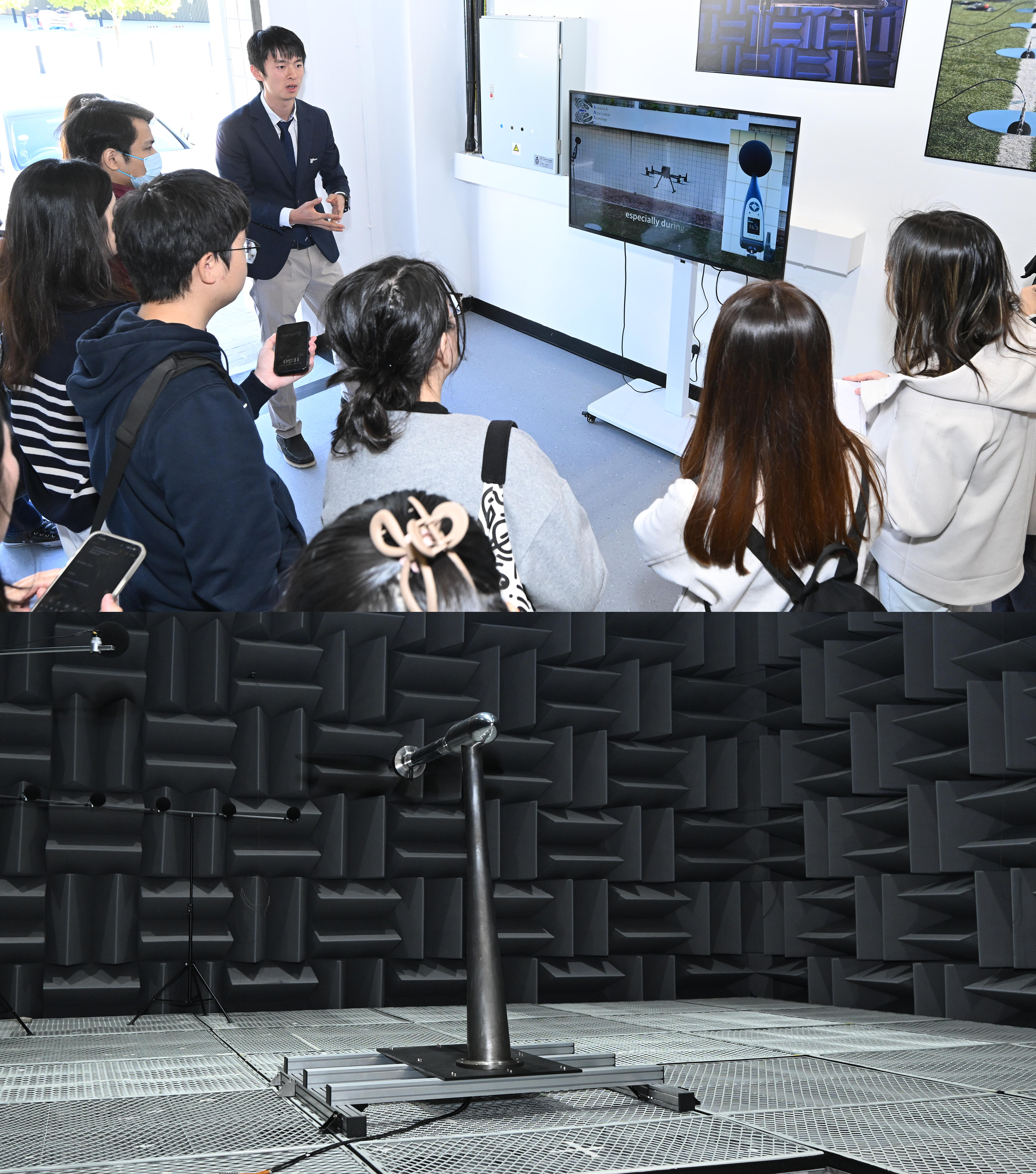 HKUST team showcases Hong Kong’s largest aerodynamic and acoustic laboratory to the media. Prof. ZHOU Peng (facing the audience) introduces the lab’s research projects on noise assessment and flight safety. 