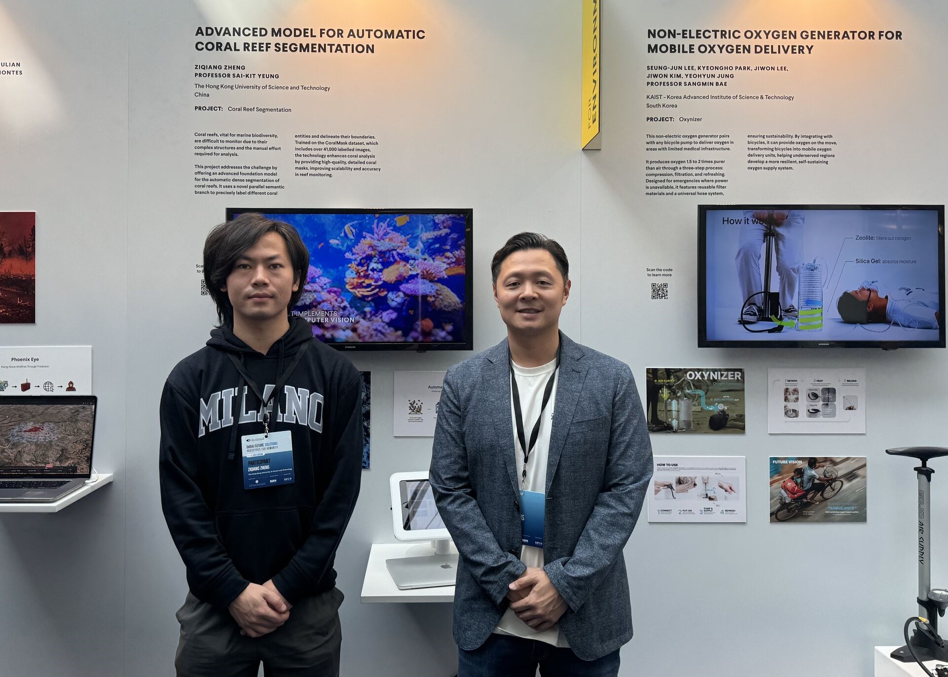 Prof. YEUNG Sai-Kit  (right) from the Division of Integrative Systems and Design (ISD) and his CSE PhD student Mr. ZHENG Ziqiang (left) presents the “Coral Reef Segmentation” at Dubai Future Solutions – Prototypes for Humanity. 