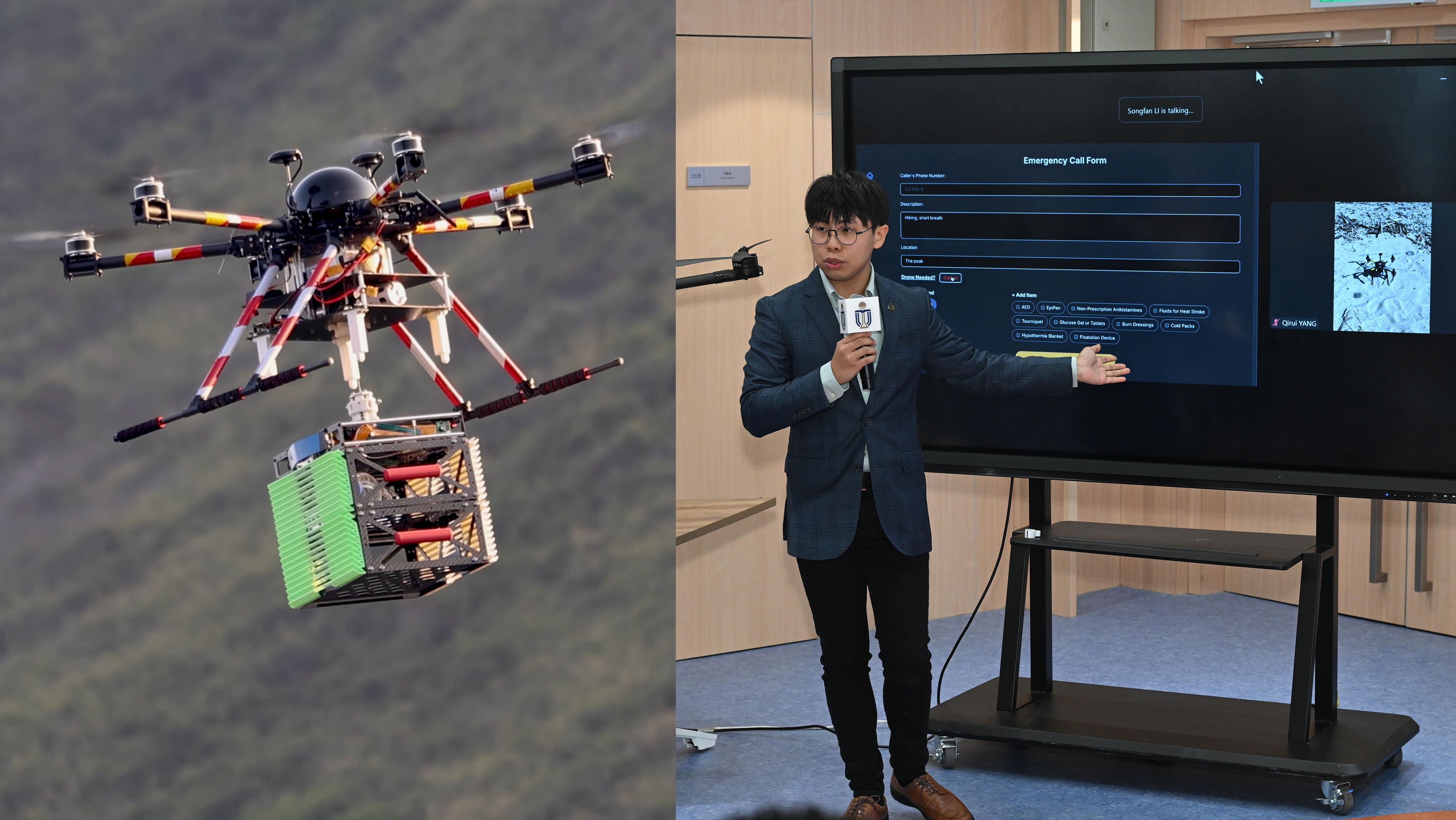 Integrative Systems and Design (ISD) student WU Chun-Ming stages live demonstration on an automated UAV-based emergency delivery system developed by the HKUST, and simulates how the system delivers essential medical items to a designated location. 