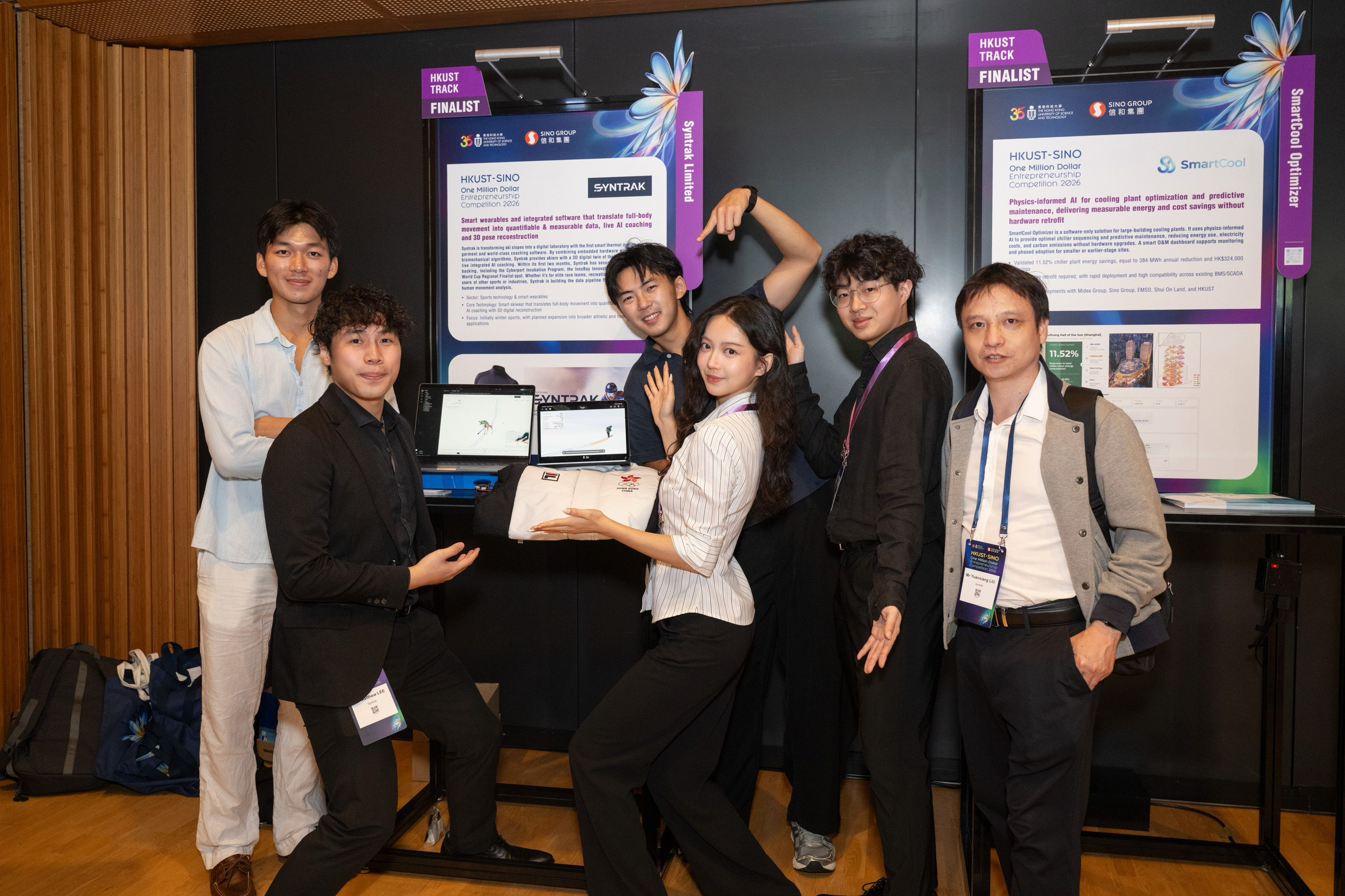    (From left to right): Syntrak’s Mr. Adrian Yung Oly, Domain Expert; Mr. Matthew Lee, Founder & CEO; Mr. Brendan Lai, Chief of Staff; Ms. Leung Ching-ching, Chief Marketing Officer; Mr. Aidan Chan, Chief Financial Officer; and Dr Leo Liu, Lead Research Engineer. Ms. Sylvie Lai Cheuk-ning, Chief Operating Officer, is not pictured.    
