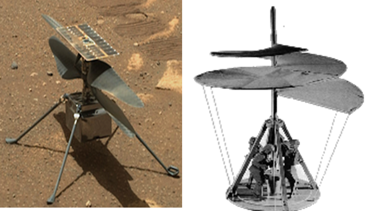 圖左是火星直升機，圖右是達·芬奇的飛行器