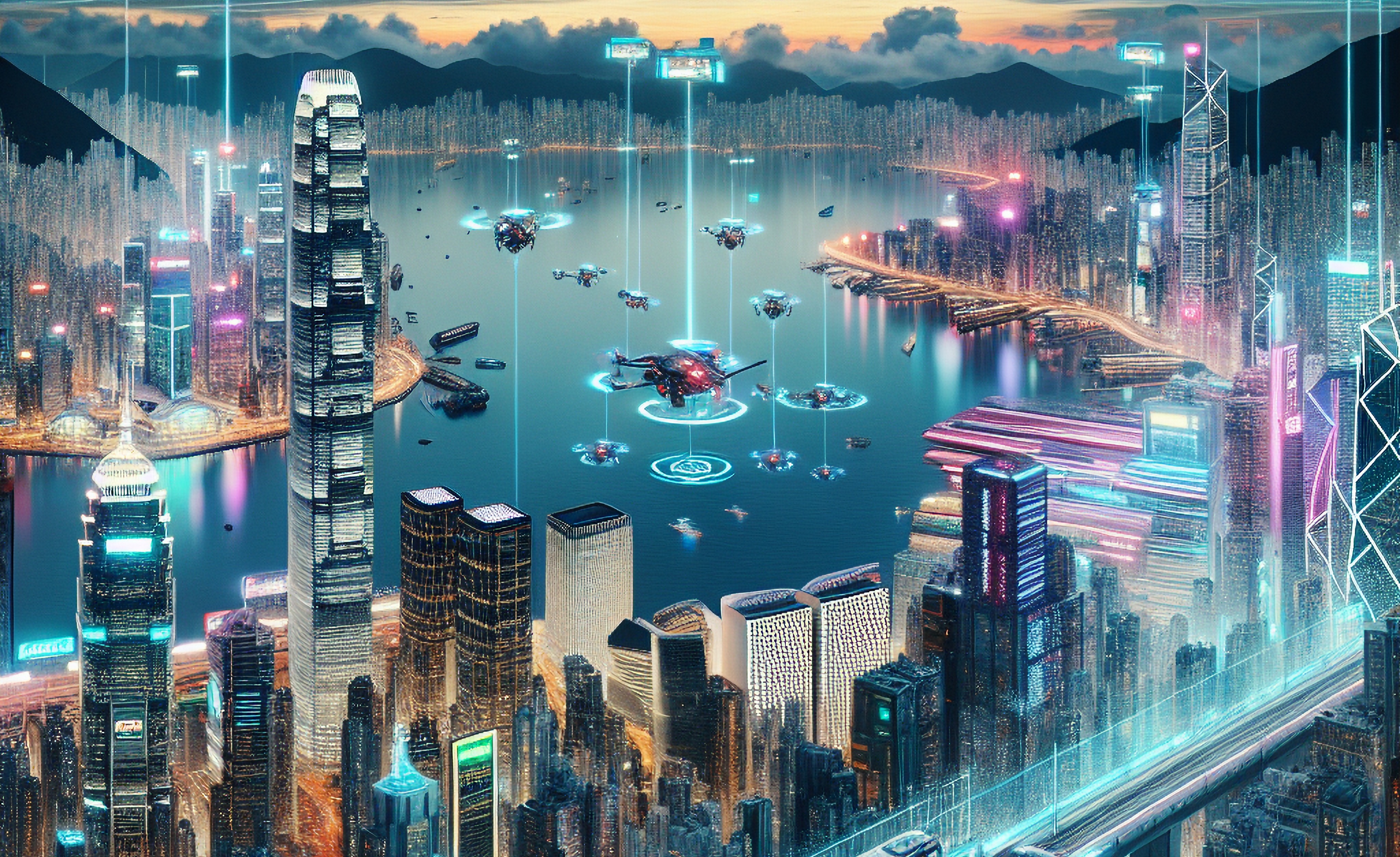 香港低空經濟的未來感數碼雙生概念圖（由AI生成）