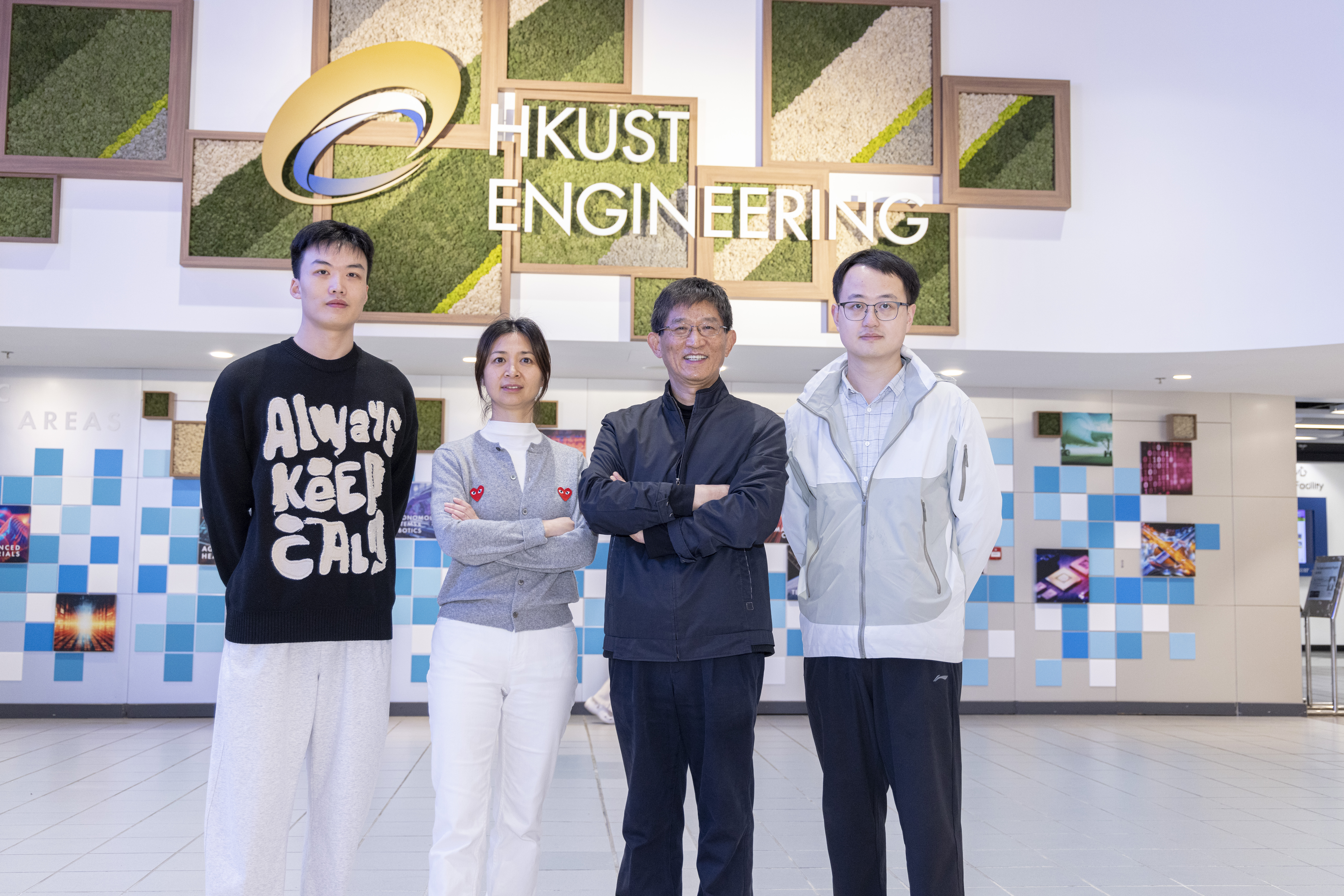 The research team members include Prof. SUN Qingping, Chair Professor and corresponding author (second right); Prof. YAO Shuhuai, Professor and co-corresponding author (second left); Prof. ZHOU Guoan, Research Assistant Professor and first author (first right), and Mr. LI Zexi, PhD student and second author (first left), all from the Department of Mechanical and Aerospace Engineering at HKUST.