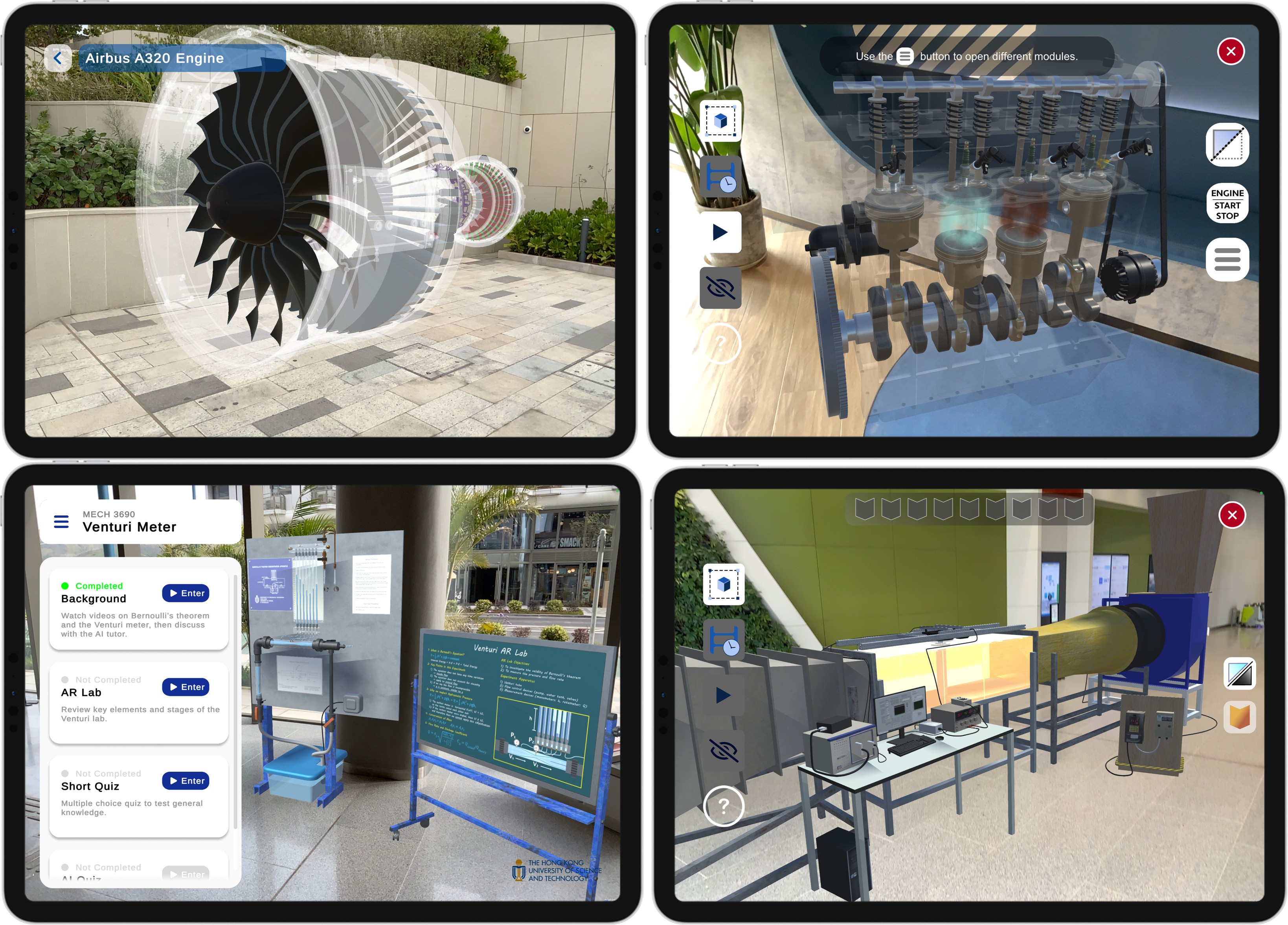 The platform offers a range of virtual experiments, including (top row left and right) aircraft and car engine testing, (bottom left) gas-flow measurement using a Venturi meter, and (bottom right) wind tunnel tests examining the aerodynamics of aircraft.