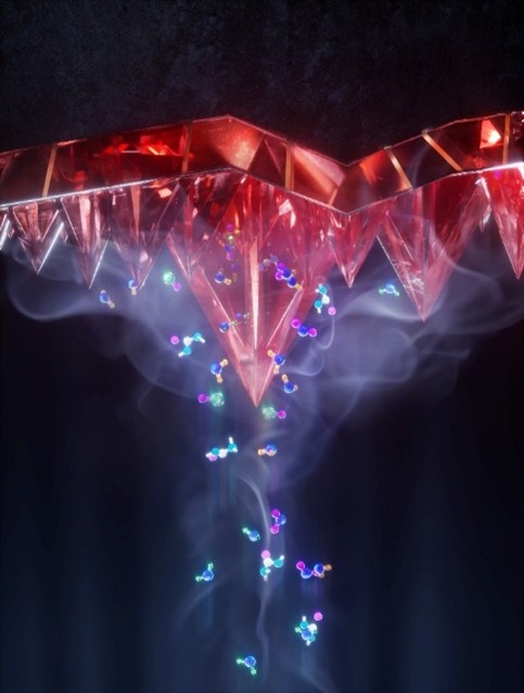Schematic illustration of conformal, oriented perovskite crystal structure deposited via co-evaporation on a micron-textured industrial standard Si wafer. 