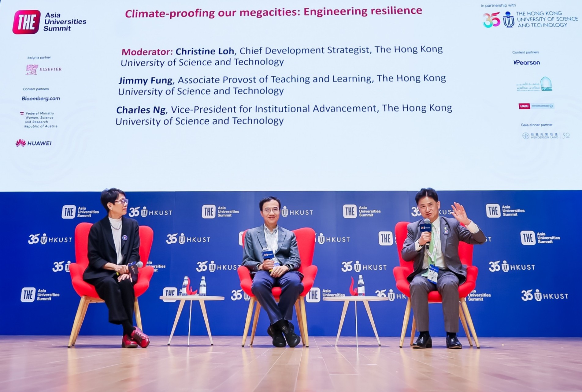Prof. Charles NG, Vice-President for Institutional Advancement of HKUST (right), and Prof. Jimmy FUNG, Associate Provost of Teaching and Learning (middle), participate in a panel discussion titled “Climate-proofing our megacities: Engineering resilience”, moderated by Prof. Christine LOH, Chief Development Strategist, Institute for the Environment of HKUST (right). 