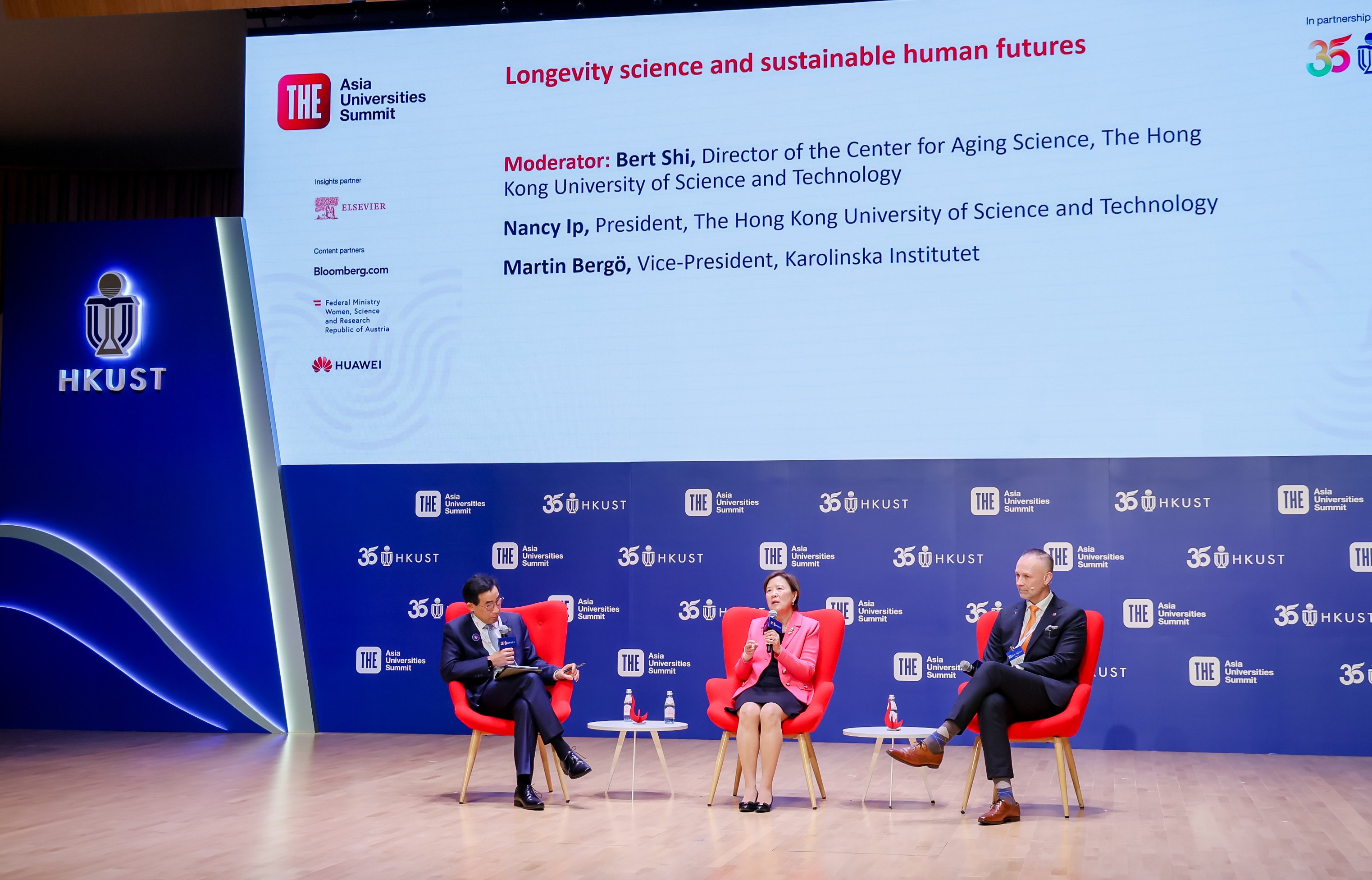 Following the opening ceremony, Prof. Nancy Ip (middle) joins Prof. Martin O. BERGÖ, Vice-President of Karolinska Institutet (right), in a keynote fireside chat on longevity science, moderated by Prof. Bert SHI, Director of Centre for Ageing Science at HKUST (left).  