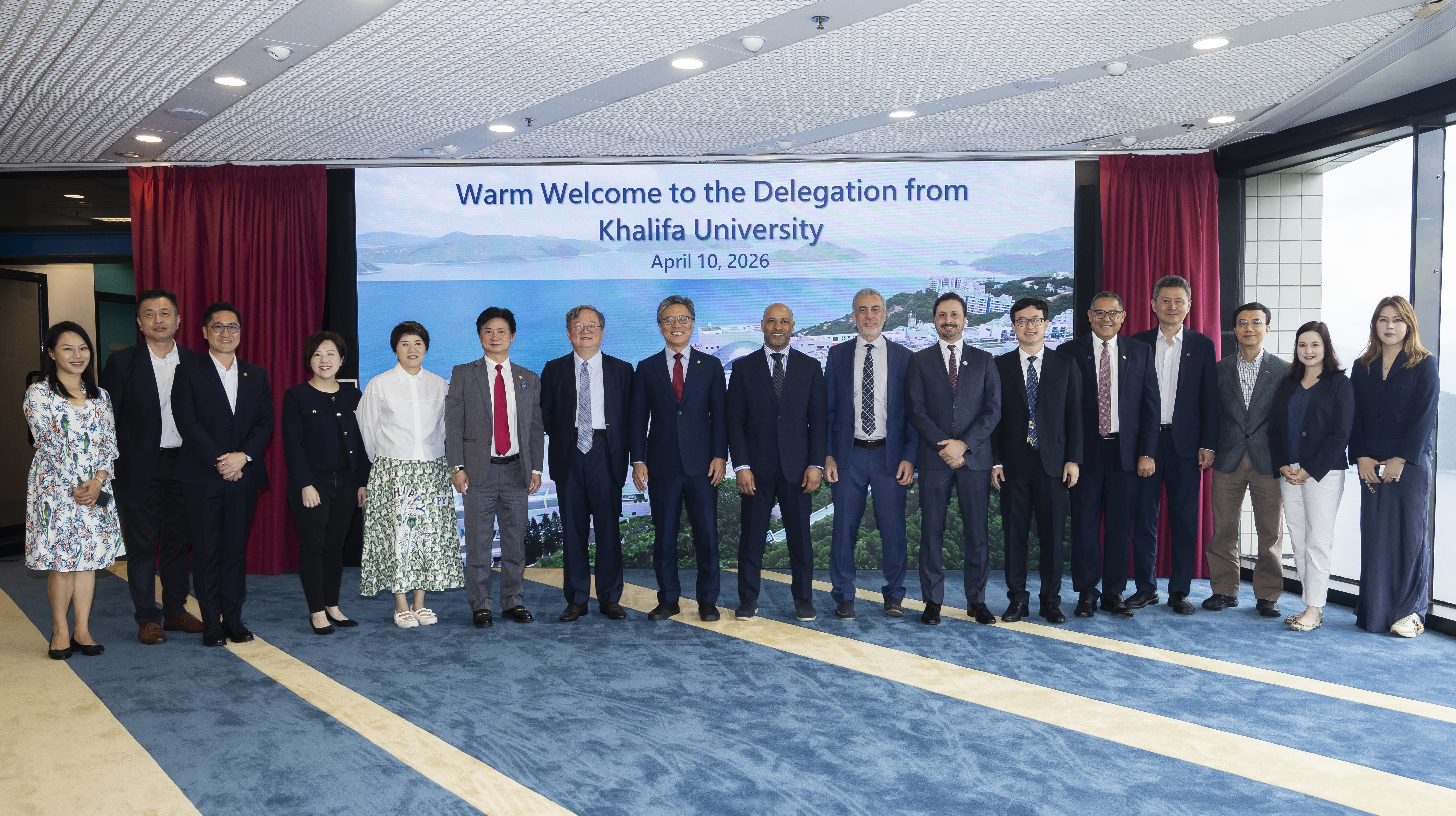 Council Chairman Prof. Harry SHUM (eighth left), Provost Prof. Yike GUO (seventh left) and Vice-President for Institutional Advancement Prof. Charles NG (sixth left) welcome the delegation from Khalifa University led by its President H.E. Prof. Ebrahim AL HAJRI (center).