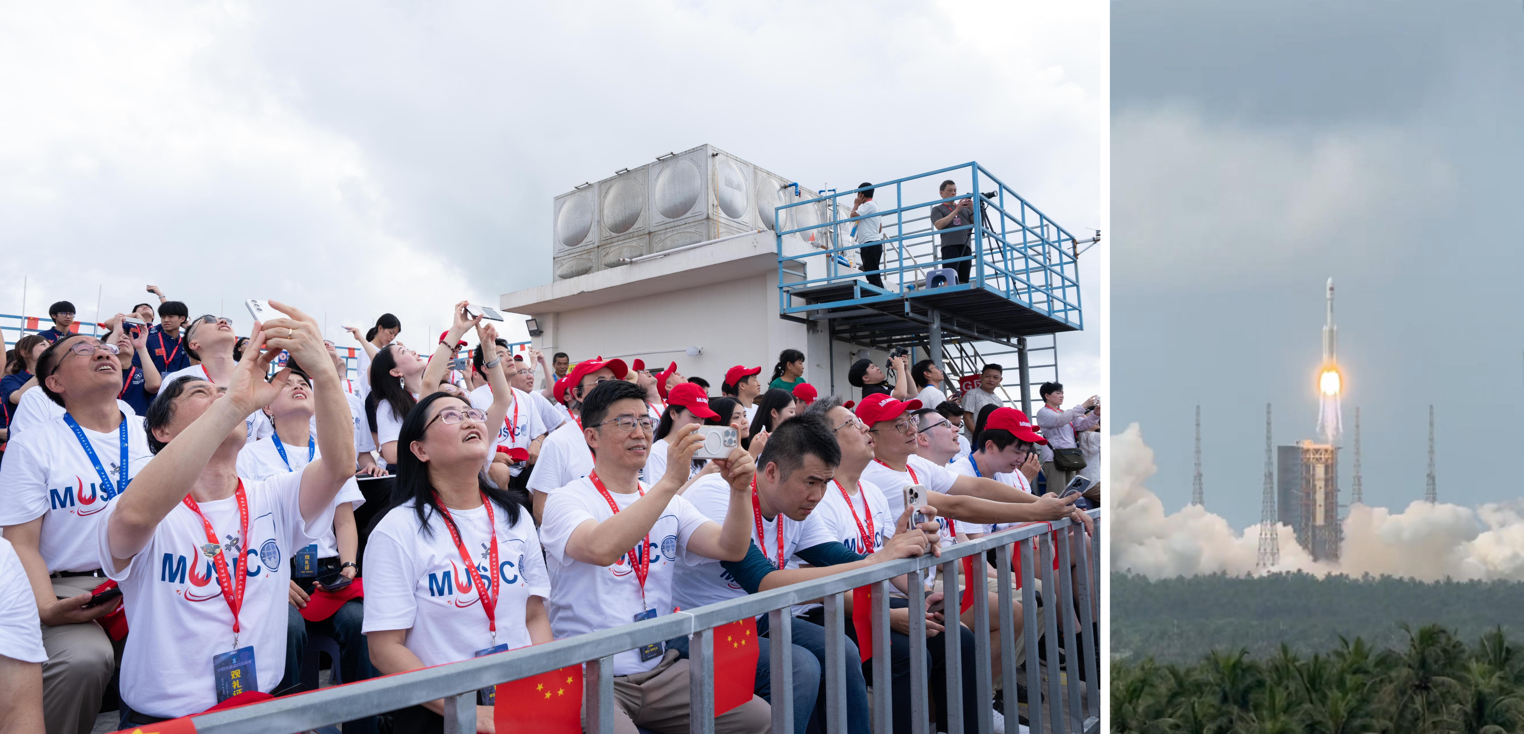 The HKUST research team (left) witnesses the blast-off of the Long March 7 rocket (right) in Wenchang, Hainan, carrying the Tianzhou-10 cargo spacecraft.