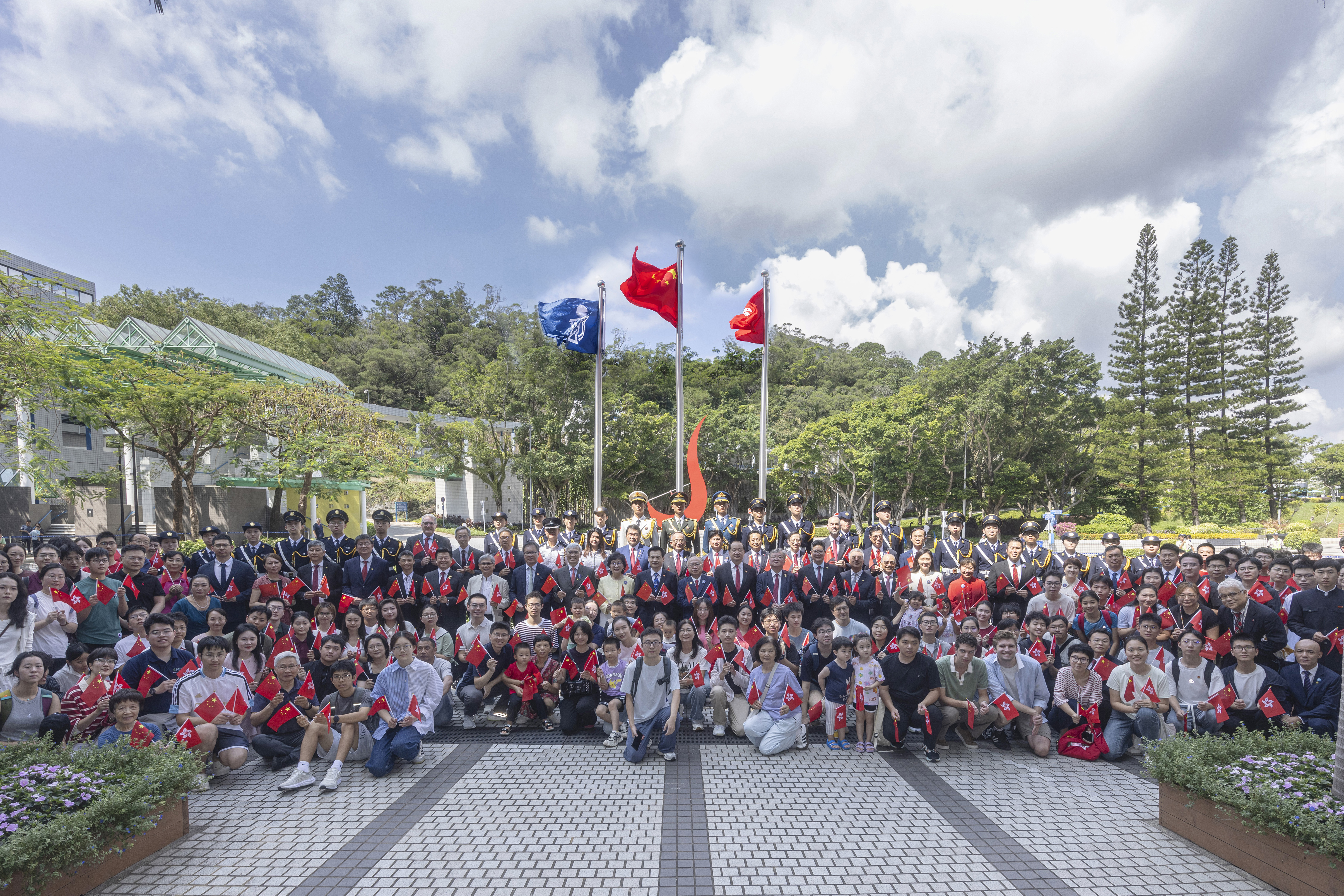 HKUST held a flag-raising ceremony on campus this morning to celebrate the 77th anniversary of the founding of the People's Republic of China. Over 250 members of the HKUST community gathered at the University Piazza to share a reverent moment. Together, they offered their warmest wishes for the enduring prosperity of our nation, as well as the long-term peace and stability of the HKSAR.
