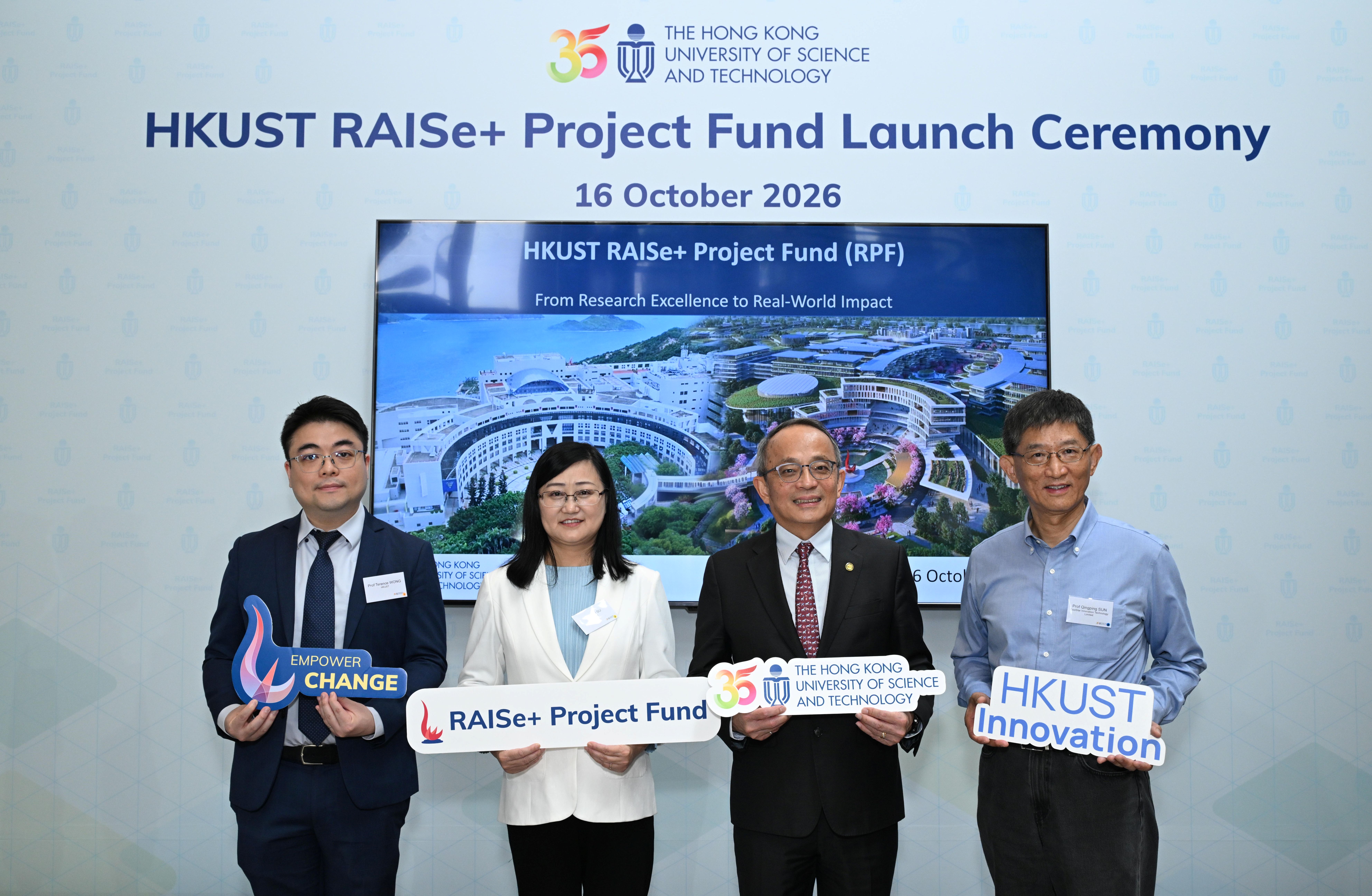 Prof. Tim CHENG Kwang-ting (second right), Vice-President for Research and Development of HKUST; Prof. SU Hui (second left), Chair Professor of the Department of Civil and Environmental Engineering; Prof. SUN Qingping (first left), Chair Professor of the Department of Mechanical and Aerospace Engineering; and Prof. Terence WONG (first right), Associate Head and Associate Professor of the Department of Chemical and Biological Engineering, explain how the RAISe+ Project Fund will accelerate the translation of
