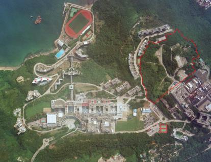 A bird's eye view of HKUST Campus. The "Lee Shau Kee Campus" is circled with red line