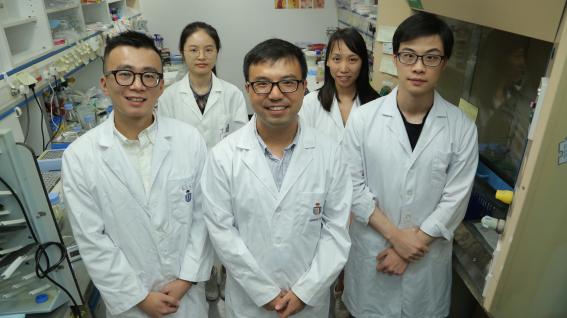 郭玉松教授（前中）的研究团队: 包括是次科学期刊文章的第一共同作者马天骥（前左），发现了一种酶的新功能。