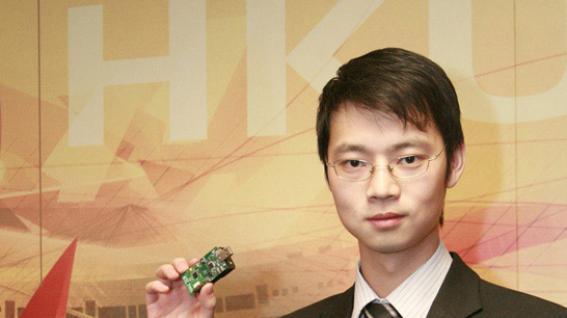 Li Mo, winner of ICT Awards’ Best Innovation and Research Grand Award with a sensor node used on his award winning project.	