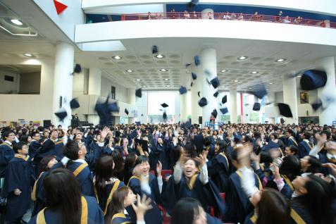 畢 業 生 將 禮 帽 拋 至 半 空 ， 以 示 慶 祝	