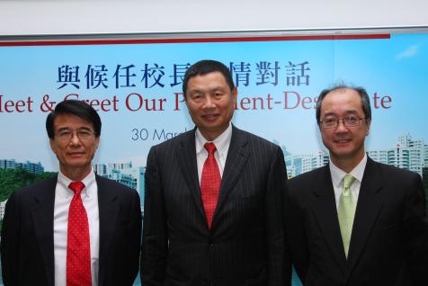 科 大 校 董 会 主 席 张 建 东 博 士(中)、 校 长 朱 经 武 教 授(左)及 候 任 校 长 陈 繁 昌 教 授	