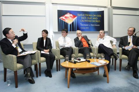 At the panel discussion are (from left) Mr Ronnie Chan, Dr Christine Loh, Mr Edward Yau, Sir Harold Kroto, Mr Thomas Friedman and President Tony Chan.	