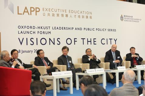 Forum speakers at the panel discussion: (from left) Dr John Chan Cho-chak, Chairman of the Court of HKUST; Prof Lionel M Ni, Chair Professor and Dean of HKUST Fok Ying Tung Graduate School; Dr Mah Bow Tan, Member of Parliament and Former Minister of National Development of Singapore; Dr Vincent H S Lo, Chairman of Shui On Group; Dr Victor Fung, Group Chairman of Fung Group; Mr Jay Herbert Walder, Chief Executive Officer of the MTR Corporation; and Prof Nelson Chow Wing-sun, Chair Professor in Department of 
