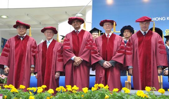  The five honorary doctorate recipients: (from left) Prof Lap-Chee TSUI, Mr James E THOMPSON, Dr Raghuram G RAJAN, Prof Sir John PENDRY, Mr Hans Michael JEBSEN.