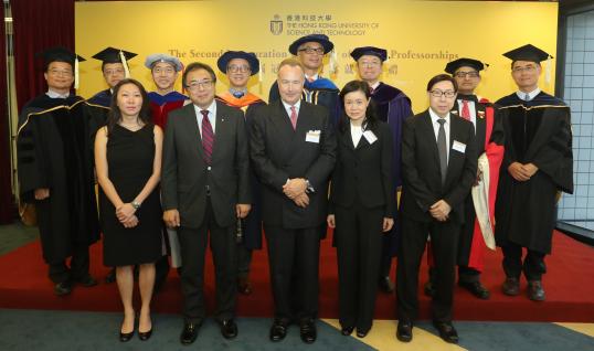  (From left,second row) Prof Xiuli Chao, Prof Xin Zhang, Prof Joseph Lee, President Prof Tony Chan, Prof Wei Shyy, Dr Eden Woon, ProfJitendra V Singh, Prof Qiang Yangand donors for the named professors: (from Left, front row) Ms Laura Lau of The Swire Group Charitable Trust, Prof Lap-chee Tsui of Victor and William Fung Foundation, Mr Hans Michael Jebsen of Jebsen Group and Ms Gemma Wong and Mr M K Lee of Wong Check She Charitable Foundation at the inauguration ceremony.