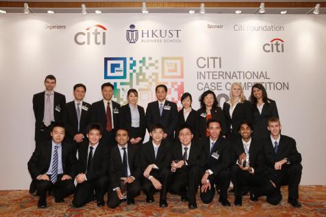  The 3 winning teams and their faculty advisors pose with Mr. Shengman Zhang, Citi Country Officer, HK (center, back), Dean Cheng of HKUST Business School (3rd from left, back), Mr. Sammy Kam, Technical Director (2nd from left, back) and Mr. Antony Morris,