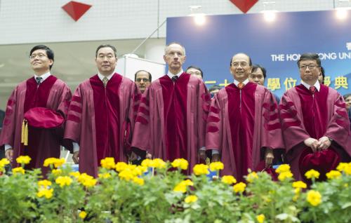  The five honorary doctorate recipients: (from left) Prof Yu XIE, Prof Mu Ming POO, Sir Michael MORITZ, Dr Michael Hoi Hung MAK and Prof Chih-Ming HO.