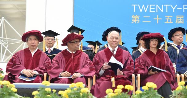  The four honorary doctorate recipients: (from left) Prof Yan Lianke, Prof Dipak Jain, Mr Ian Fok Chun-Wan and Prof Emmanuelle Charpentier.