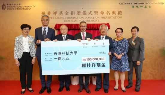  From Lo Kwee Seong Foundation: Chairman Dr. Peter LO Tak-shing (middle), Trustees Mr. Winston LO Yau-lai, (third right), Ms. Myrna LO Mo-ching (second right), Mrs. Irene CHAN Lo Mo-lin (first right) and Ms. Yvonne LO Mo-ling (first left) presented a check to Mr. Andrew LIAO Cheung-Sing (third left), Council Chairman of HKUST and Prof. Wei SHYY, HKUST President (second left).