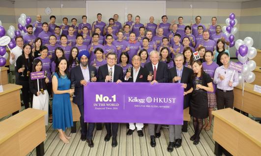  Kellogg-HKUST EMBA Program celebrates another record-setting achievement (front row from left: Ms Judy Au, Program Director of Kellogg-HKUST EMBA Program; Prof Mohanbir Sawhney, Prof of Marketing from Kellogg; Prof Kar Yan Tam, Dean of HKUST Business School; Mr Po-yang Chung, guest speaker and co-founder of DHL International (HK) Ltd.; Prof Steven Dekrey, Associate Dean of HKUST Business School; Prof Christopher Doran, Academic Director of Kellogg-HKUST EMBA Program, and Ms Eva Wong, Deputy Program Director of Kellogg-HKUST EMBA Program).