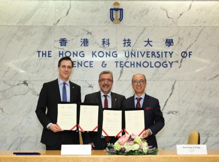  At the signing ceremony: (from left) Prof Ian Rowlands, Interim Associate Vice President, International of University of Waterloo; Prof Feridun Hamdullahpur, President and Vice-Chancellor of the University of Waterloo, and Prof Tony F Chan, President of HKUST