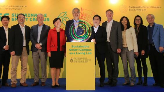 From left: Director of HKUST’s GREAT Smart Cities Center Prof. LO Hong-Kam, Associate Vice-President for Knowledge Transfer and Dean of HKUST Fok Ying Tung Graduate School Prof. Enboa WU, Associate Vice-President for Research & Development Prof. Charles NG, Director of Interdisciplinary Programs Office and Acting Dean of Students Prof. King CHOW, Head of HKUST’s Sustainability Unit Mr. Davis BOOKHART, Vice-President for Research & Development Prof. Nancy IP, President Prof. Wei SHYY, Acting Provost Prof. PONG Ting-Chuen, Vice-President for Administration and Business Mr. Mark HODGSON, Vice-President for Institutional Advancement Prof. Sabrina LIN, Dean of Humanities and Social Science Prof. Kellee TSAI, Dean of Science Prof. WANG Yang, Dean of Engineering Prof Tim CHENG and Dean of Business and Management Prof. TAM Kar-Yan officiate at the Sustainable Smart Campus Launch. From left: Director of HKUST’s GREAT Smart Cities Center Prof. LO Hong-Kam, Associate Vice-President for Knowledge Transfer and Dean of HKUST Fok Ying Tung Graduate School Prof. Enboa WU, Associate Vice-President for Research & Development Prof. Charles NG, Director of Interdisciplinary Programs Office and Acting Dean of Students Prof. King CHOW, Head of HKUST’s Sustainability Unit Mr. Davis BOOKHART, Vice-President for Research & Development Prof. Nancy IP, President Prof. Wei SHYY, Acting Provost Prof. PO