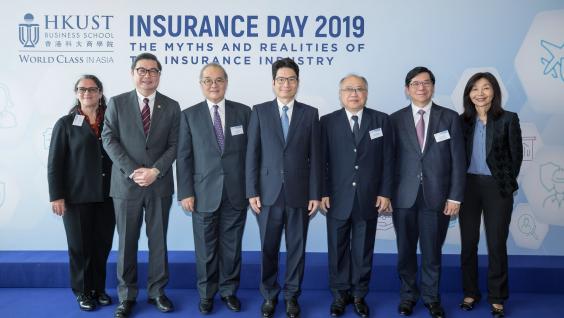 The guests of honors Mr. Joseph CHAN Ho-Lim and Dr. Moses CHENG, Chairman of the Insurance Authority (fourth and third left), with representatives of HKUST: Mr. Andrew LIAO Cheung-Sing, Council Chairman (third right); Dr. Samuel YUNG, Council Member (second right); Prof. Sabrina LIN, Vice-President for Institutional Advancement (first right); Prof. TAM Kar-Yan, Dean of HKUST Business School (second left); and Prof. Veronique LAFON-VINAIS, Executive Director, Career Development & Corporate Outreach of HKUST Business School (first left). The guests of honors Mr. Joseph CHAN Ho-Lim and Dr. Moses CHENG, Chairman of the Insurance Authority (fourth and third left), with representatives of HKUST: Mr. Andrew LIAO Cheung-Sing, Council Chairman (third right); Dr. Samuel YUNG, Council Member (second right); Prof. Sabrina LIN, Vice-President for Institutional Advancement (first right); Prof. TAM Kar-Yan, Dean of HKUST Business School (second left); and Prof. Veronique LAFON-VINAIS, Executive Director, Career Development & Corporate Outreach of HKUST