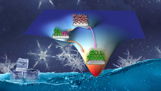 Ice nucleation on foreign surfaces can proceed via both one-step (magenta arrow) and two-step (orange arrows) pathways, facilitated by the balanced synergetic, entropic effects of hexagonal (green spheres) and rhombic (purple spheres) ice structures.