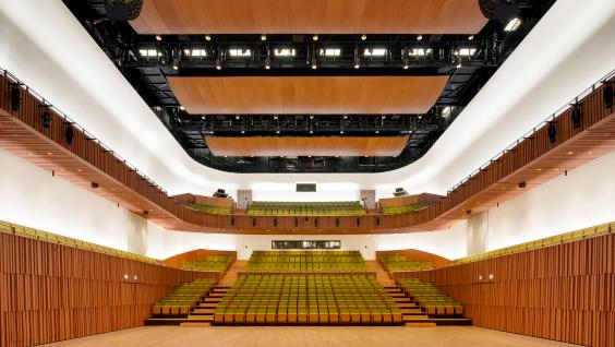 The Shaw Auditorium is a multi-purpose venue with 10 different configurations. It has a seating capacity of around 850 for the concert mode and over 1,300 in flat floor mode. (Photo credit: Henning Larsen Architects) The Shaw Auditorium is a multi-purpose venue with 10 different configurations. It has a seating capacity of around 850 for the concert mode and over 1,300 in flat floor mode. (Photo credit: Henning Larsen Architects)