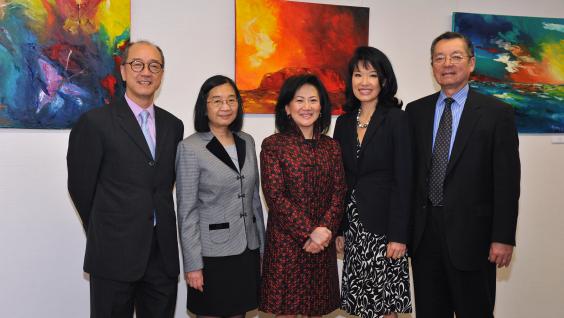 Officiating guests at the launch event of TWF ANZ WISE Scholarships: (from left) Prof Tony Chan, HKUST President; Prof Kei-may Lau, President of WISE Scholarship Group and Chair Professor of Electronic and Computer Engineering at HKUST; Ms Susan Yuen, CEO of ANZ Hong Kong; Mrs Su-mei Thompson, CEO of the Women's Foundation; Dr Eden Woon, HKUST Vice-President for Institutional Advancement. Officiating guests at the launch event of TWF ANZ WISE Scholarships: (from left) Prof Tony Chan, HKUST President; Prof Kei-may Lau, President of WISE Scholarship Group and Chair Professor of Electronic and Computer Engineering at HKUST; Ms Susan Yuen, CEO of ANZ Hong Kong; Mrs Su-mei Thompson, CEO of the Women's Foundation; Dr Eden Woon, HKUST Vice-President for Institutional Advancement.