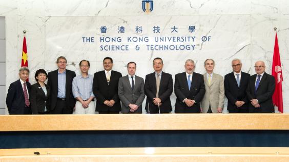At the signing ceremony: (from left) Mr Edward Wong, Chief Operating Officer of HKUST R & D Corporation Limited; Dr Claudia Xu, Director of Technology Transfer Center at HKUST; Prof Ross Murch, Chair Professor and Head of Department of Electronic and Computer Engineering at HKUST; Prof Siu-wing Cheng, Acting Head of Department of Computer Science and Engineering at HKUST; Prof Khaled Ben Letaief, Dean of Engineering of HKUST; Mr Arnaud Barthelemy, Consul General of France in Hong Kong and Macau; Dr Eden Woon, Vice-President for Institutional Advancement of HKUST; Dr Jean-Luc Lambla, Vice-President of International Chief Technical Officer of Thales Group; Mr Thierry Beauvais, VP R&T Processing, Cognition & Control of Thales Group; Mr Patrick Plante, International R&T Director of Thales Group; Mr James Kilazoglou, Chief Executive Officer of Thales Transport and Security (HK) Ltd. At the signing ceremony: (from left)Mr Edward Wong,Dr Claudia Xu,Prof Ross Murch, Prof Khaled Ben Letaief,Mr Arnaud Barthelemy, Dr Eden Woon, Dr Jean-Luc Lambla, Mr Thierry Beauvais, VP R&T Processing, Mr Patrick Plante, Mr James Kilazoglou