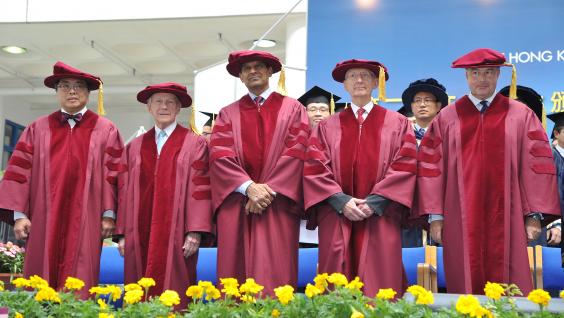 The five honorary doctorate recipients: (from left) Prof Lap-Chee TSUI, Mr James E THOMPSON, Dr Raghuram G RAJAN, Prof Sir John PENDRY, Mr Hans Michael JEBSEN. The five honorary doctorate recipients: (from left) Prof Lap-Chee TSUI, Mr James E THOMPSON, Dr Raghuram G RAJAN, Prof Sir John PENDRY, Mr Hans Michael JEBSEN.