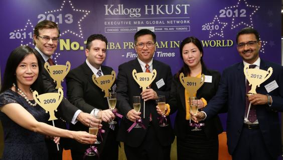 Acting Dean Kalok Chan (center), Prof Vidhan Goyal, Academic Director (1st from right), Prof Christopher Doran, Deputy Academic Director (2nd from left), and Judy Au, Program Director, KH-EMBA (1st from left), celebrate the No 1 ranking with alumni of the 2010 graduating class: Angela Bai, Head of Business Development, North Asia, FEXCO (2nd from right), and Edward Yardumian, Executive Director, Server Development, Dell (Taiwan) B.V. Taiwan Branch. Acting Dean Kalok Chan (center), Prof Vidhan Goyal, Academic Director (1st from right), Prof Christopher Doran, Deputy Academic Director (2nd from left), and Judy Au, Program Director, KH-EMBA (1st from left), celebrate the No 1 ranking with alumni of the 2010 graduating class: Angela Bai, Head of Business Development, North Asia, FEXCO (2nd from right), and Edward Yardumian, Executive Director, Server Development, Dell (Taiwan) B.V. Taiwan Branch.