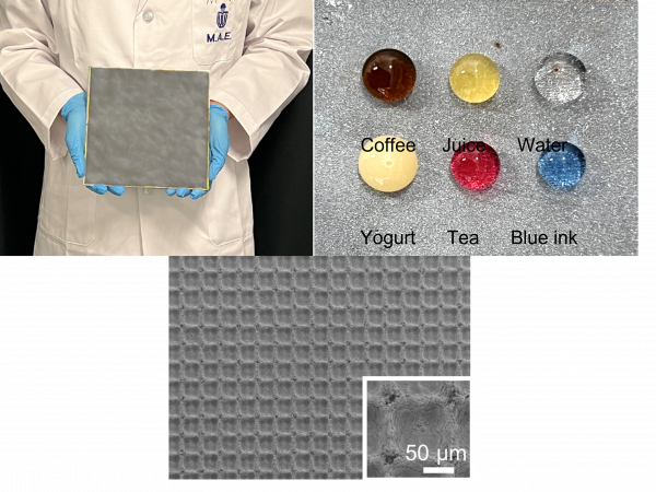 上方项目四的照片显示不同种类的派体皆无法停留在新物料的表面，展现了物料的超疏水的性能。下方的显微镜照片为新物料独特设计。