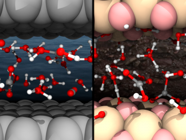 Dissolved CO2 in water under nanoconfinement.  Left: the solution is confined by graphene. Right: the solution is confined by stishovite (SiO2). The white, grey, red, and pink balls are the hydrogen, carbon, oxygen, and silicon atoms, respectively.