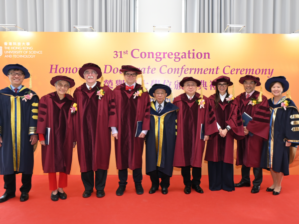 A group photo of HKUST Pro-Chancellor Dr. John CHAN Cho-Chak (middle), HKUST Council Chairman Harry SHUM (first left), HKUST President Prof. Nancy IP (first right), with the six Honorary Doctorate recipients (from left to right, in red robes) - Prof. Virginia LEE Man-Yee, Prof. Eric WIESCHAUS, Prof. Yann LECUN, Dr. Andrew LIAO Cheung-sing, Dr. Michelle YEOH Choo-Kheng and Dr. Carlson TONG.