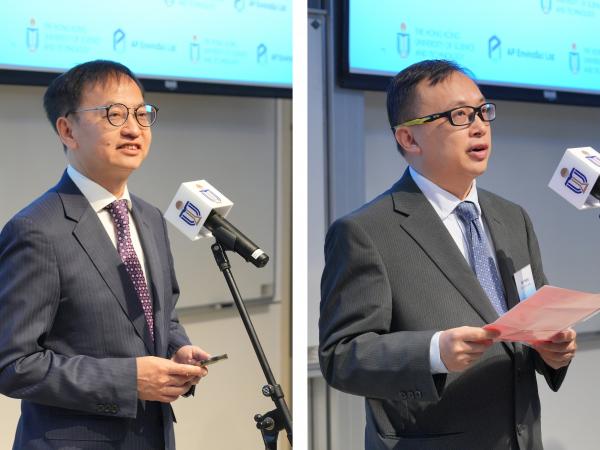 Dr. David CHUNG Wai-Keung, Chairman of Absolute Pure EnviroSci Limited (Left) and Prof. YANG Zifeng, Associate Dean of the Guangzhou Institute of Respiratory Health at The First Affiliated Hospital of Guangzhou Medical University (Right) speak in the ceremony. 