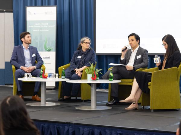Expert panel featuring Prof. Véronique LAFON-VINAIS (second left), Program Co-Director of BSc in Sustainable and Green Finance at HKUST Business School, Mr. Ronald YOUNG (second right), Head of Sustainable Finance Asia at Société Générale, Ms. Kristy WONG (first right), Associate Director of ESG Investment Specialist at Amundi Asset Management and Prof. Quentin MOREAU(first left), Assistant Professor of the Division of Environment and Sustainability at HKUST.